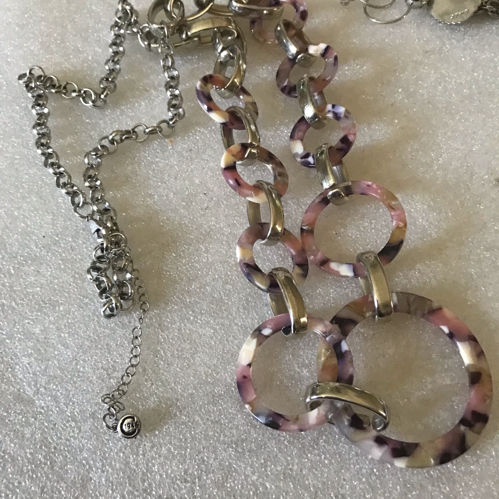 Silver-Tone Necklace With Pink Marbled Resin Links